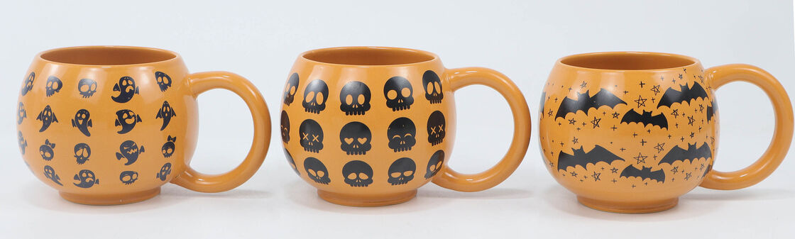 Halloween Orange Round Bulb Ceramic Mug 3-Piece Set, Cute Spooky Ghost Skull Bat Pumpkin Shape Coffee Cups