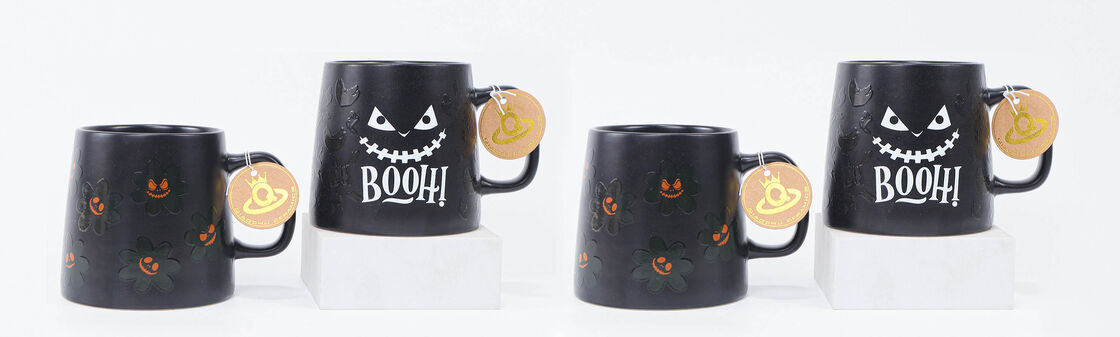 Halloween Matte Black Embossed Ceramic Mug Set, Spooky Boo Ghost Face & Pumpkin Flower Gothic Coffee Cups