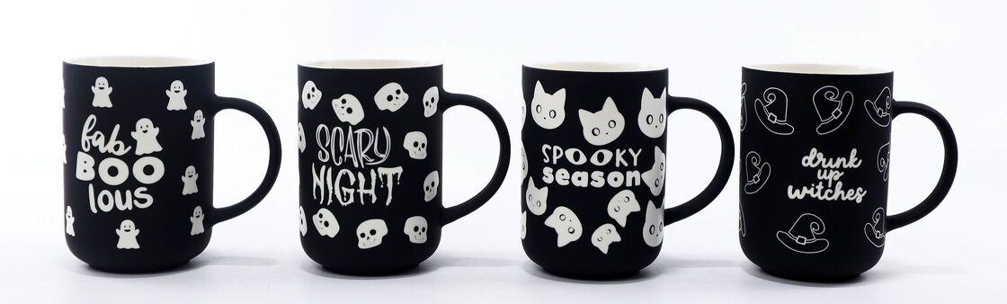Halloween Spooky Black Matte Ceramic Mug Set – 4 Designs Ghost, Skull, Black Cat, Witch Hat Coffee Cups