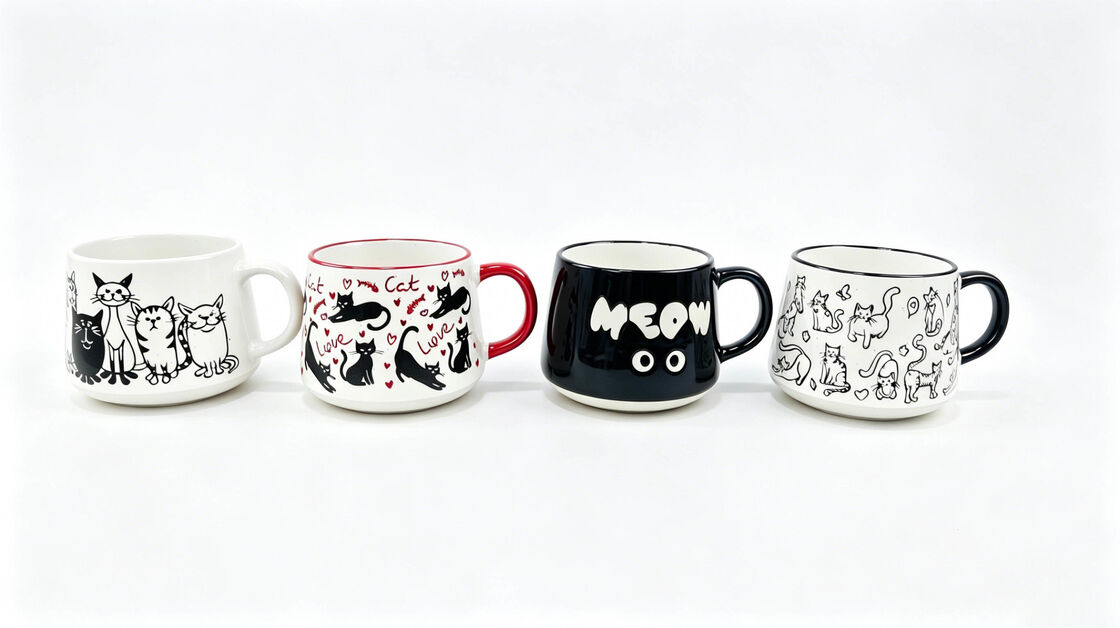 4-Pack Adorable Cat Pattern Speckled Ceramic Coffee Mugs, Cute Kitty Themed Drink Cups for Cat Lovers
