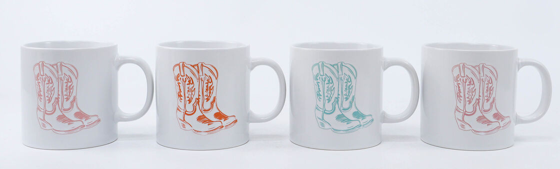 Pastel Line Art Cowboy Boot Ceramic Mug Set – 4 Western Style Assorted Mugs