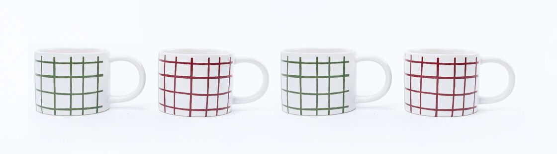 Hand Drawn Red & Green Grid Plaid Ceramic Coffee Mugs, Minimalist Farmhouse Striped Tea Cups