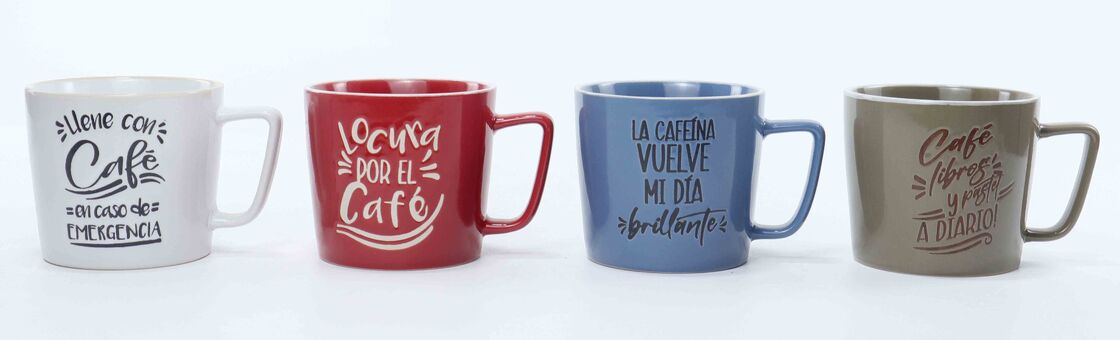 Spanish Coffee Quote Square Handle Ceramic Mugs, Vibrant Solid Color Latte Tea Cups