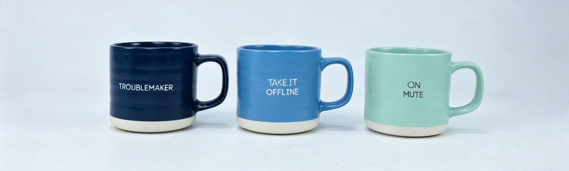 wo-Tone Hand-Thrown Ceramic Slogan Coffee Mug Set, Matte Color Block Breakfast Drinking Cups