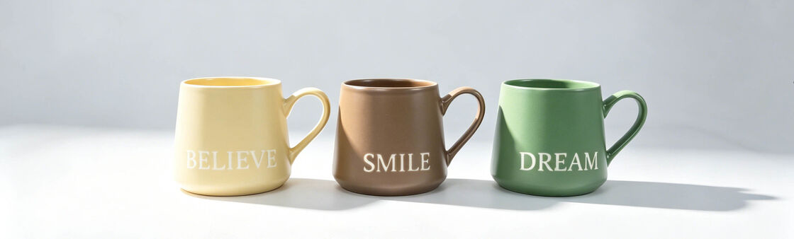 Matte Earth-Tone Inspirational Word Ceramic Mug Set, Curved Bottom Positive Quote Coffee Cups