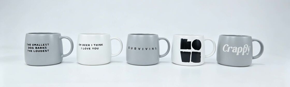 Chubby Minimalist Funny Quote Ceramic Coffee Mugs, Curved Short Body Neutral Tone Novelty Slogan Drink Cups