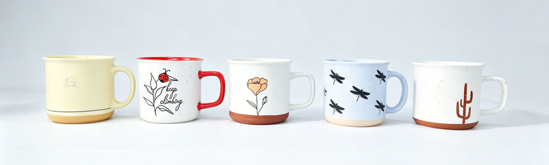 Whimsical Nature Line Art Two-Tone Speckled Ceramic Coffee Mugs, Inspirational Botanical & Wildlife Themed Short Drinking Cups