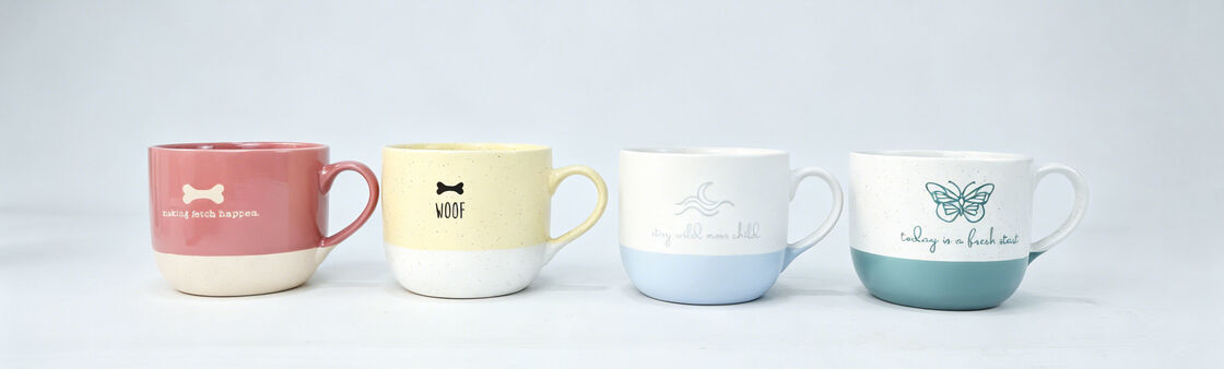 Pastel Two-Tone Speckled Ceramic Chubby Mugs, Pet & Inspirational Nature Quote Short Body Coffee Cups