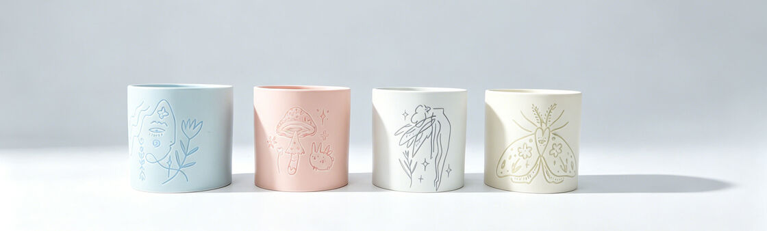 Pastel Matte Cylindrical Ceramic Candle Jars, Boho Line Art Embossed Empty Candle Containers for Home Fragrance & Decor