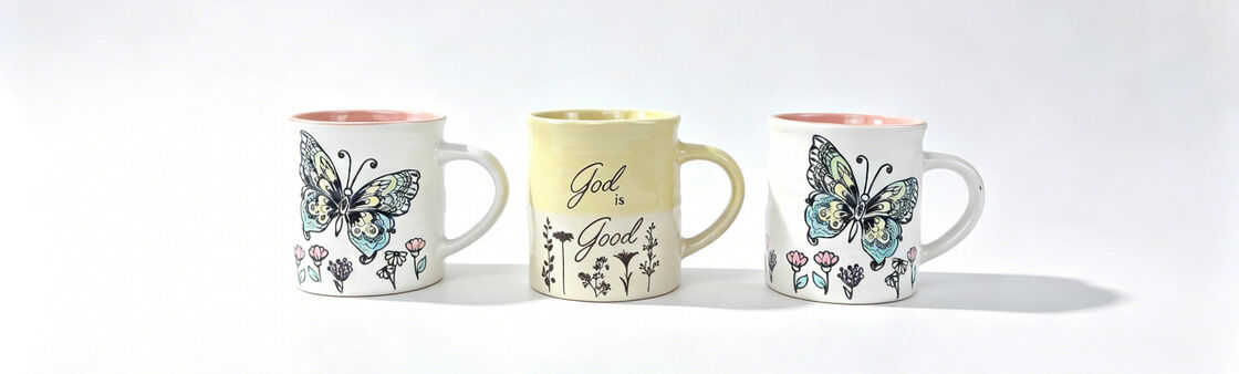 Whimsical Butterfly Floral & Inspirational Quote Ceramic Mug Set, Two-Tone Rim Positive Faith Themed Coffee Cups