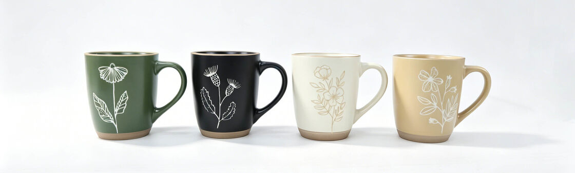 Earthy Tone Line Art Wildflower Ceramic Mugs, Two-Tone Raw Clay Base Botanical Sketch Coffee Cup Set