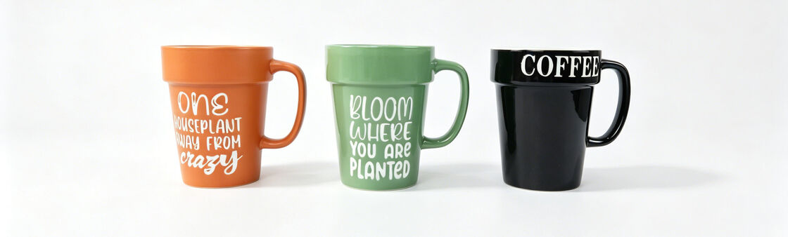 Plant Pot Shaped Novelty Ceramic Coffee Mugs, Funny Houseplant & Motivational Quote Planter-Style Drinking Cups