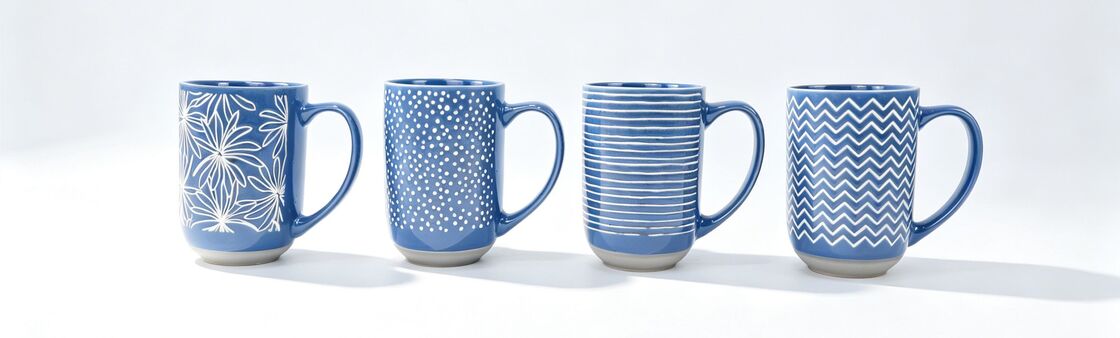 Cobalt Blue White Geometric & Floral Embossed Ceramic Mug Set, Contrast Raw Clay Base Modern Boho Coffee Cups