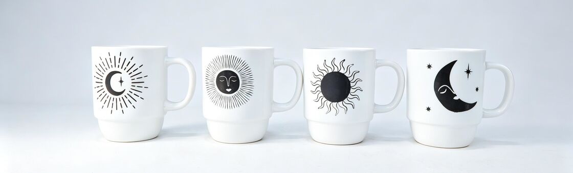 Celestial Sun & Moon Face Graphic White Ceramic Mug Set, Boho Mystical Astrology Stackable Base Coffee Cups