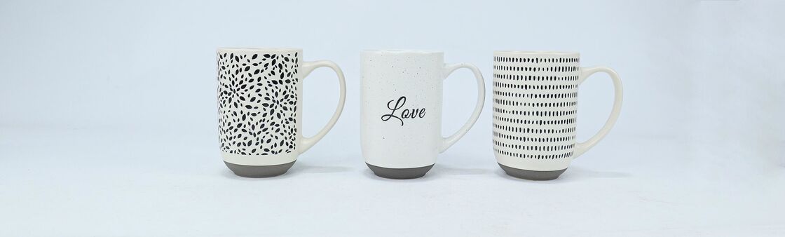 Speckled Off-White Geometric & Love Script Ceramic Mug Set, Two-Tone Grey Base Minimalist Neutral Coffee Cups