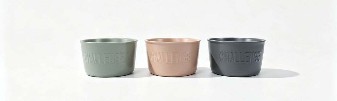 Matte Solid Color Embossed CHALLENGE Short Round Ceramic Bowl Trio, Minimalist Wide Mouth Stackable Snack & Dessert Bowls