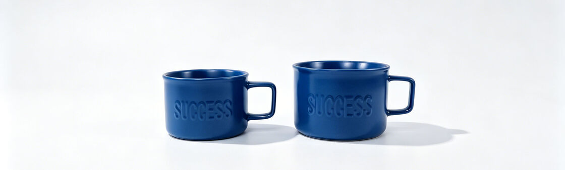 Royal Blue Embossed SUCCESS Square Handle Ceramic Mug Duo, 2 Size Short Cylinder Motivational Mug Set