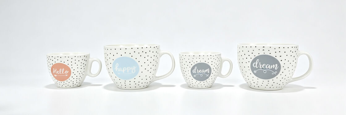 Polka Dot Inspirational Quote Ceramic Mugs, Hello Happy Dream Porcelain Coffee Cups in 2 Sizes