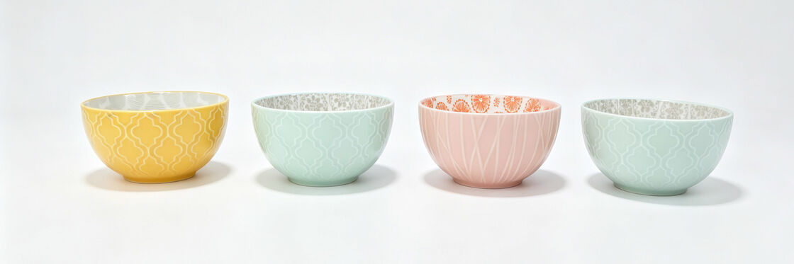 Colorful Embossed Geometric Ceramic Serving Bowls, Inside & Outside Printed Dessert Rice Bowls