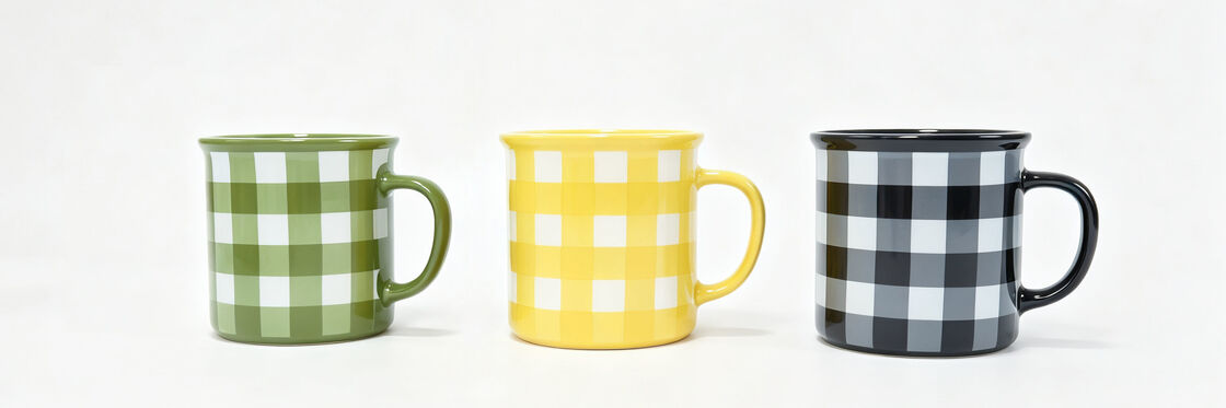 Gingham Check Retro Ceramic Coffee Mugs Set, 17oz Wide Mouth Camping Style Tea Cups