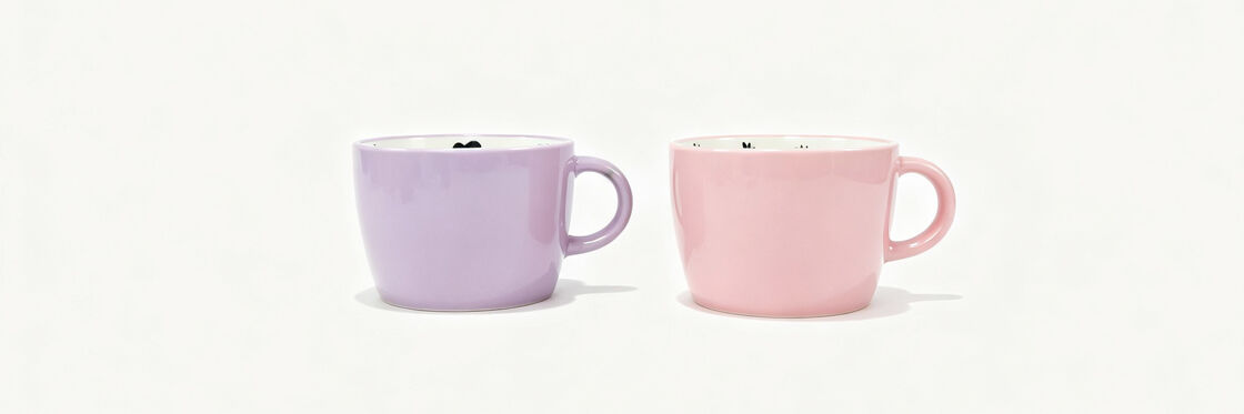 Pastel Solid Color Wide Belly Ceramic Coffee Mugs with Unique Inner Mini Black Pattern, Soft Gloss Breakfast Drinking Cups