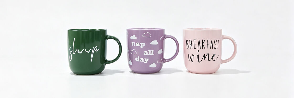 Cute Slogan Printed Wide Belly Ceramic Coffee Mugs, 3-Pack Assorted Color Fun Quote Tea Cups Set