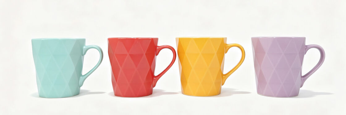 3D Embossed Diamond Geometric Textured Ceramic Coffee Mugs, 4-Pack Vibrant Solid Color Latte Tea Cups Set