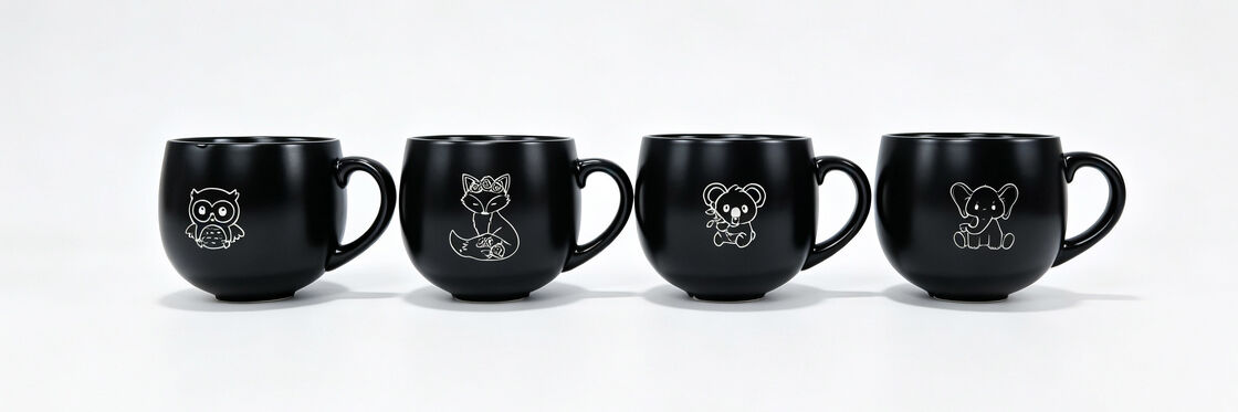 Matte Black Round Belly Ceramic Mugs with Cute White Line Animal Prints, 4-Piece Cartoon Wildlife Coffee Cup Set