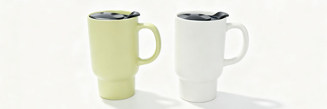 Matte Solid Color Ceramic Travel Mug with Spill-Proof Lid, Stackable Large Handle Coffee Cup