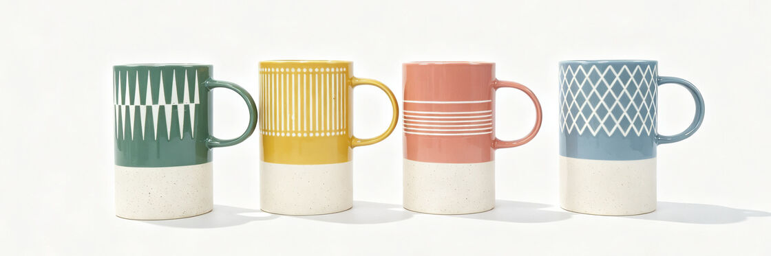 Geometric Pattern Speckled Ceramic Mugs Set, Two-Tone Hand Painted Coffee Tea Mugs with Matching Handle