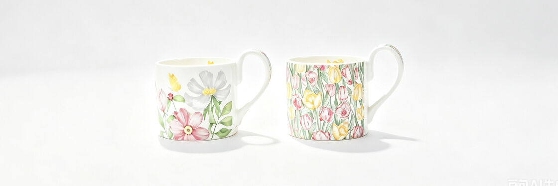 Watercolor Floral Bone China Mugs Set of 2, Wild Flower & Tulip Printed White Ceramic Coffee Cups with Curved Handle