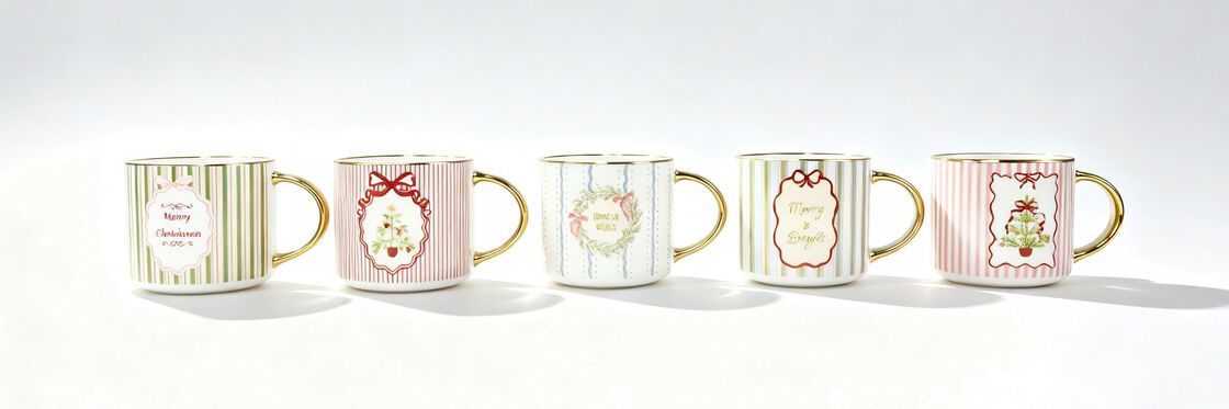 Vintage Striped Christmas Ceramic Mugs with Gold Trim, Set of 5
