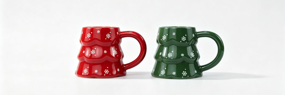 3D Christmas Tree Shaped Ceramic Mugs Set of 2, Red & Green Snowflake Embossed Holiday Coffee Cups with Large Handle