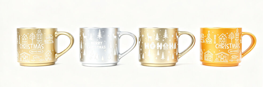 Metallic Christmas Village Ceramic Mugs Set, 4 Styles Gold Silver Orange Winter Town Print Holiday Coffee Mugs with Matching Handle