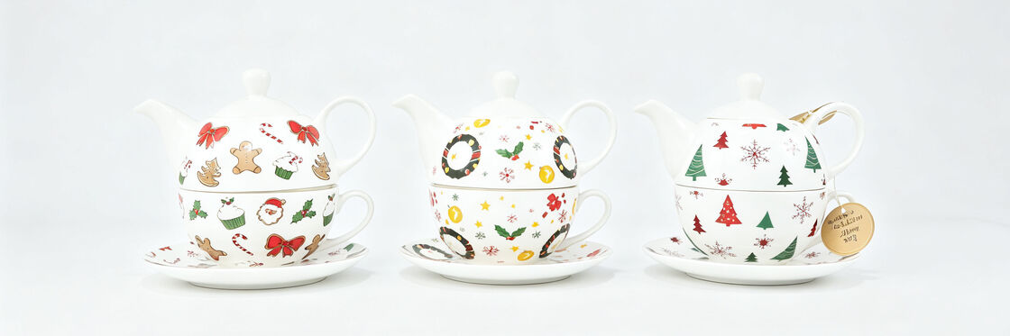 3 Styles Christmas Stackable Teapot & Cup Saucer Sets, Festive Gingerbread Wreath Xmas Tree Ceramic Tea for One Gift Sets