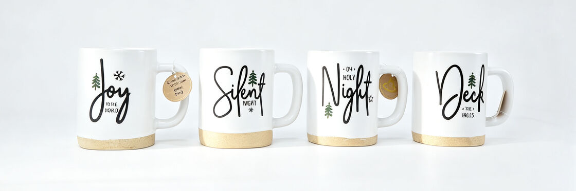 4 Pack Rustic Bottom Clay Christmas Mugs, Farmhouse Script Holiday Coffee Mugs Joy Silent Night Deck The Halls Ceramic Cups