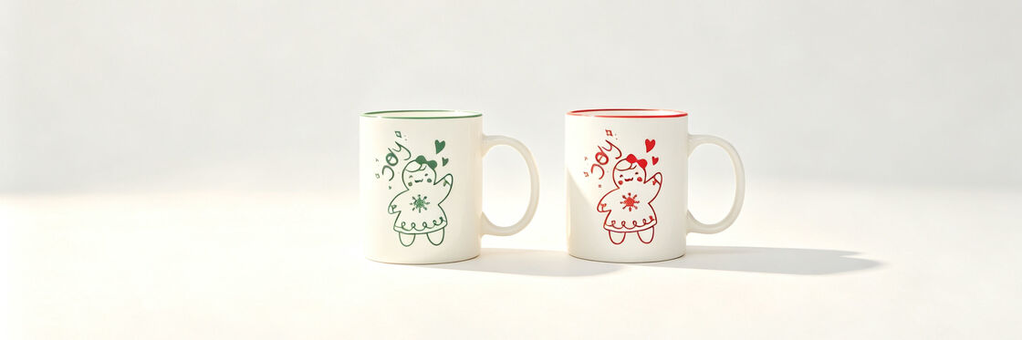Set of 2 Christmas Couple Mugs, Red & Green Rim Cute Cartoon Girl Ceramic Coffee Mugs Holiday Joy Matching Cups Gift Set