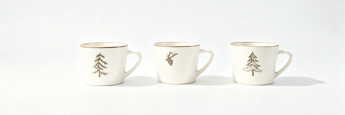 Set of 3 Woodland Christmas Mugs, Vintage Brown Rim Forest Pine Tree Deer Ceramic Coffee Mugs Rustic Farmhouse Holiday Cups