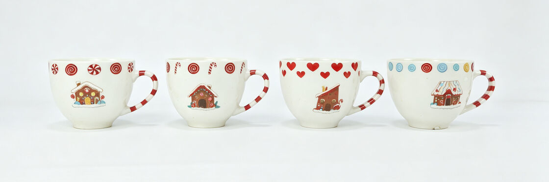 Set of 4 Candy Cane Handle Gingerbread House Ceramic Mugs, Assorted Festive Holiday Gingerbread Coffee Cups for Christmas Gift