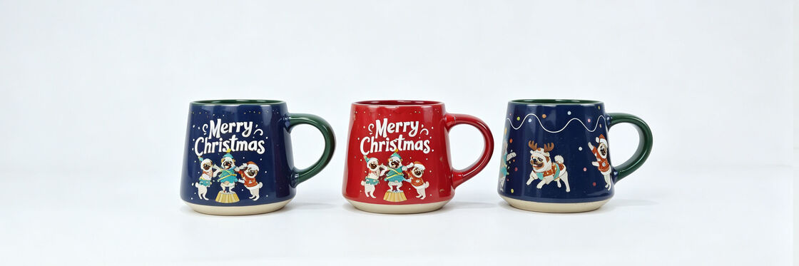 Set of 3 Cute Christmas Pug Dog Mugs, Red & Navy Blue Holiday Pug Coffee Cups with Merry Christmas Print, Xmas Gift Mugs for Dog Lovers