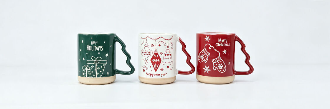 Set of 3 Christmas Mugs with Tree Shaped Handles, Red Green White Holiday Gift Mugs, Happy Holidays New Year Ceramic Coffee Cups