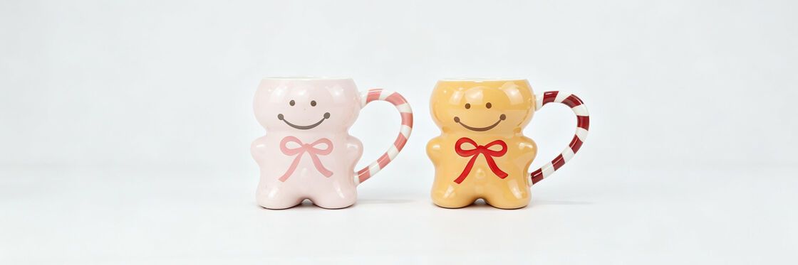 Set of 2 Cute 3D Gingerbread Man Ceramic Mugs, Pink & Yellow Christmas Couple Mugs with Striped Candy Cane Heart Handle, Holiday Gift Coffee Cups