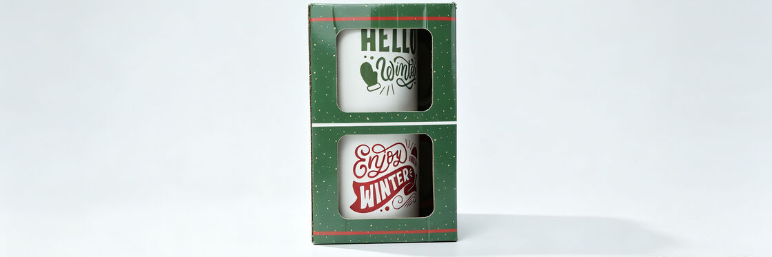 2 Pack Hello Winter & Enjoy Winter Ceramic Coffee Mugs Gift Box, Christmas Winter Holiday Couple Mug Set with Green Gift Packaging