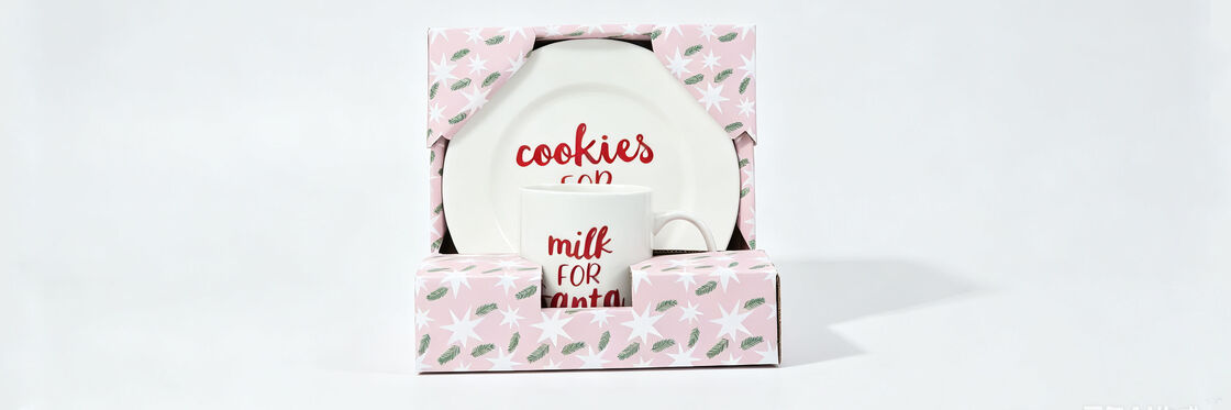 Cookies for Santa Plate & Milk for Santa Mug Gift Box Set, Pink Christmas Star Packaging Ceramic Xmas Gift for Kids