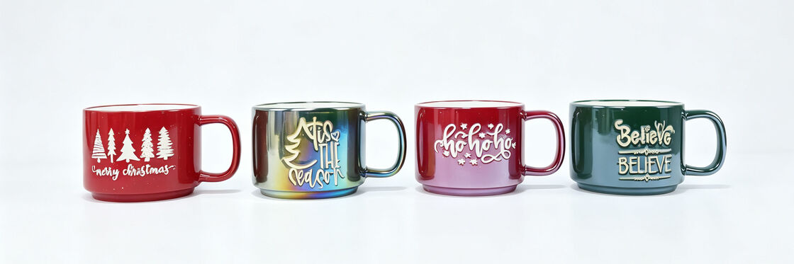 4 Pack Embossed Christmas Coffee Mugs, Iridescent Gradient Red Green Xmas Ceramic Cups Holiday Tableware Gift Set