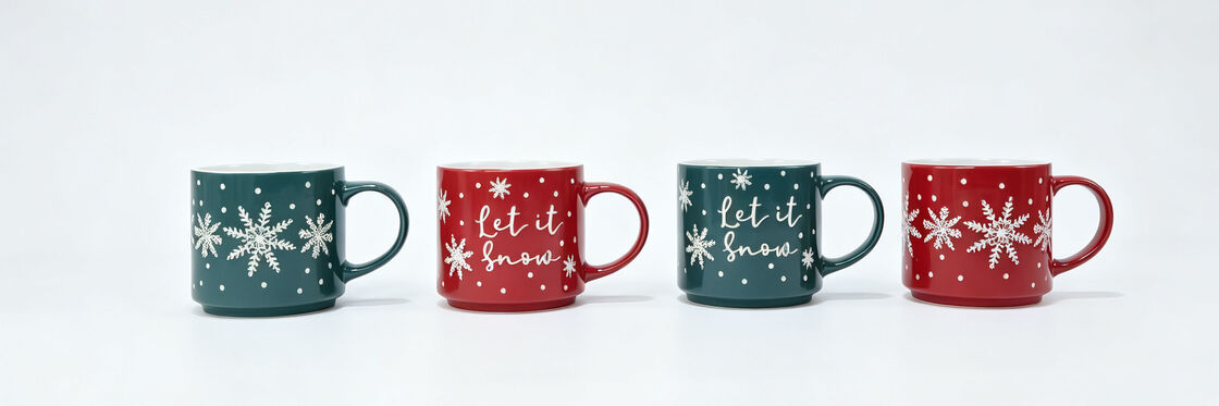 4 Pack Christmas Ceramic Mugs, Red & Dark Green Snowflake “Let It Snow” Coffee Cups Holiday Winter Tableware Gift Set