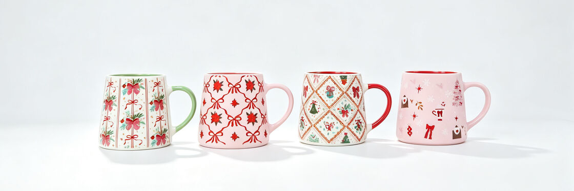 4 Pack Soft Pink Red Bow Christmas Mugs, Pastel Floral Diamond Pattern Ceramic Coffee Cups Holiday Gift Set Full Product Description