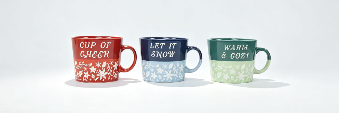 3 Pack Two-Tone Winter Ceramic Mugs, Cup of Cheer, Let It Snow, Warm & Cozy Floral Coffee Cups Christmas Gift Set