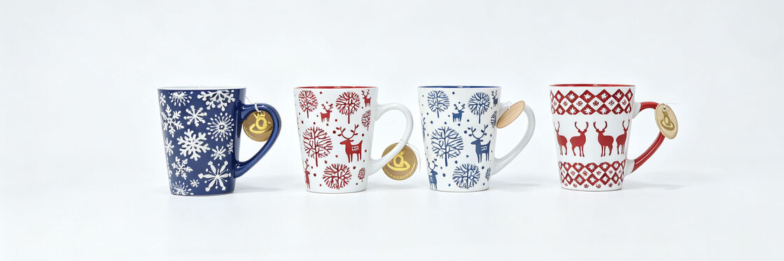 4 Pack Scandinavian Christmas Mugs, Snowflake Reindeer Forest Tree Ceramic Coffee Cups, Red & Navy Holiday Gift Set