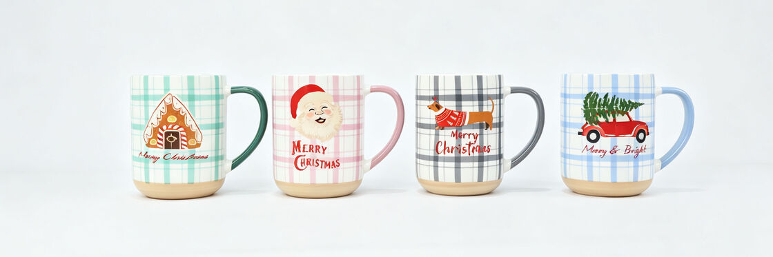 4 Pack Double-Sided Pastel Plaid Christmas Mugs, Gingerbread Santa Dachshund Red Truck Xmas Coffee Cups, Holiday Gift Set
